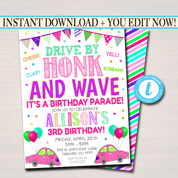 Drive By Birthday Parade Invitation, Virtual Birthday Party Invitation, Digital Kids Friend Party Invite, INSTANT DOWNLOAD Editable Template Il_570xn