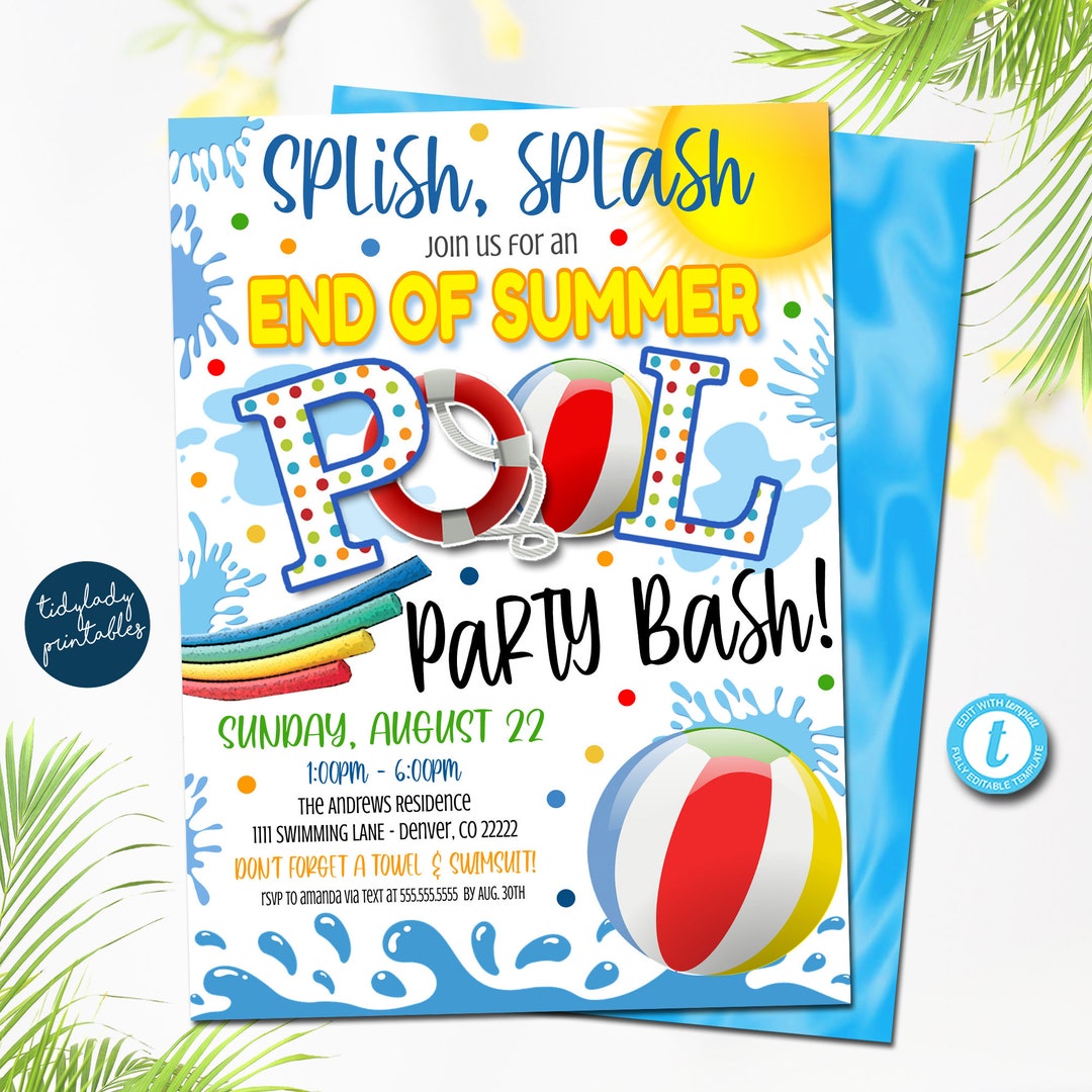 EDITABLE End of Summer Pool Party Invitation, Printable Digital Invite ...