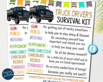 Truck Driver's Survival Kit Gift Tags, National Truck Driver Appreciation Day, Staff Thank you Gift Card, Printable DIY Editable Template