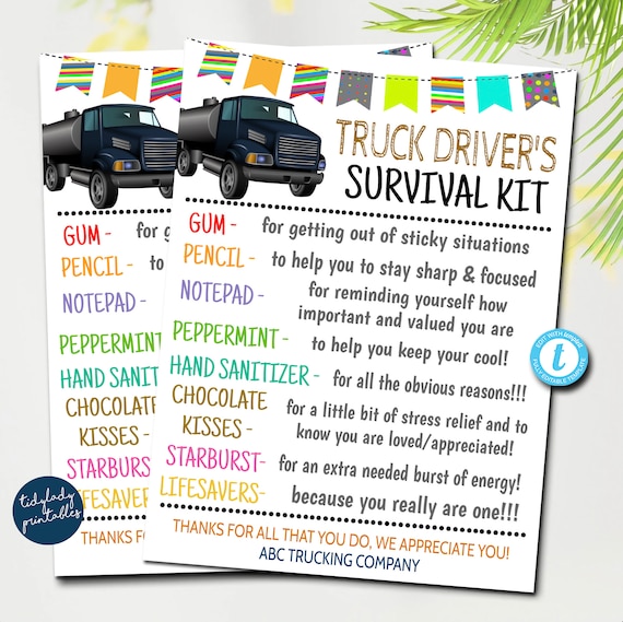 Truck Driver's Survival Kit Gift Tags, National Truck Driver Appreciation  Day, Staff Thank You Gift Card, Printable DIY Editable Template 