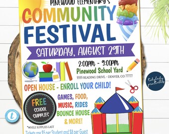 Pode incluir: Um panfleto colorido para um festival comunitário na escola primária Pinewood. O panfleto apresenta um cone de sorvete de desenho animado, um castelo inflável e o texto "Festival comunitário" em um arco-íris de cores. O evento está programado para sábado, 29 de agosto, das 14h00 às 21h00 no pátio da escola Pinewood. O panfleto também menciona materiais escolares gratuitos, jogos, comida, música, passeios e muito mais.