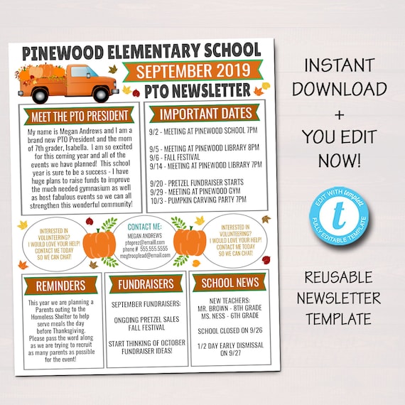 September PTO PTA Newsletter Flyer, Printable Handout, School Year Calendar Meeting Agenda Seasonal Fall Organizer, EDITABLE Template Il_570xn