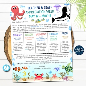 Editable Under the Sea Theme Teacher Appreciation Staff Invite Newsletter, Printable Appreciation Week of Events, Take Home Flyer, EDITABLE