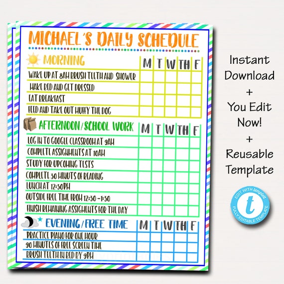 Printable Home School Schedule, Daily Subject Checklist, Homework Organizer, Kids Student Calendar Planner Printable, Editable Template Il_570xn