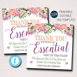 Appreciation Gift Tags, Essential Part of this Team, Employee Teacher Nurse Staff School Appreciation Week, Thank You, EDITABLE TEMPLATE