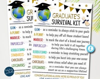 New Graduate Survival Kit Tag, Congrats Grad Survival Kit for Life, Graduation Gift Ideas, Printable Survival Kit, Digital Editable Template