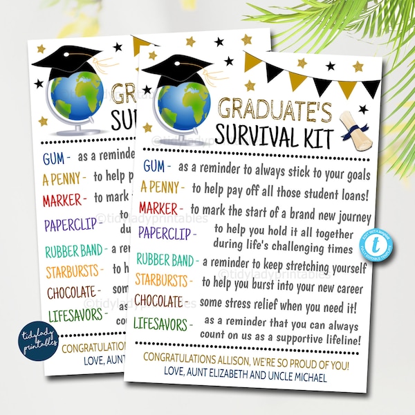 New Graduate Survival Kit Tag, Congrats Grad Survival Kit for Life, Graduation Gift Ideas, Printable Survival Kit, Digital Editable Template