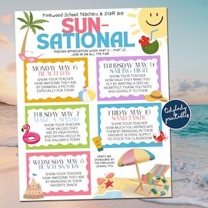 Beach Theme Teacher and Staff Appreciation Week, You&#39;re Sun-sational Itinerary Poster, Digital File, Nurse Cna Schedule Events flyer