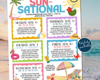 May include: A printable chart with a beach theme for teacher appreciation week. Each day of the week has a different activity to show appreciation for teachers, such as bringing in their favorite snack or writing a thank you note. The chart is decorated with beach-themed illustrations, including a beach umbrella, a beach ball, a crab, and a starfish.