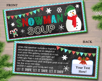 Adornos editables para bolsitas de sopa de muñeco de nieve: Etiquetas navideñas para chocolate caliente (descarga instantánea)