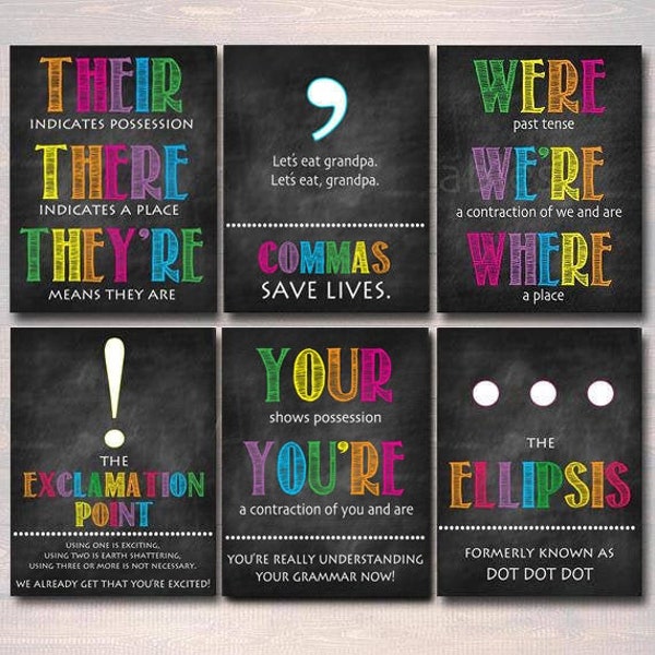 Set of 8 English Grammar Punctuation Posters, Classroom Grammar Art INSTANT DOWNLOAD Classroom Decor, High School English Teacher Printables
