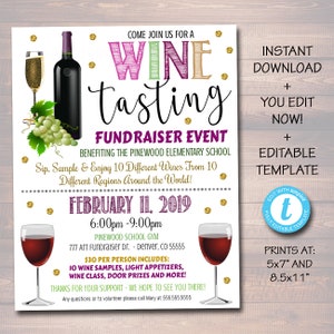 Wine Tasting Fundraiser Flyer: Editable Template (5x7 & 8.5x11)
