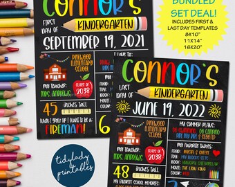May include: Two chalkboard-style kindergarten milestone signs with the name "Connor's" in colorful letters. One sign is dated September 19, 2021, and the other June 19, 2022. Both include height in inches and other details.