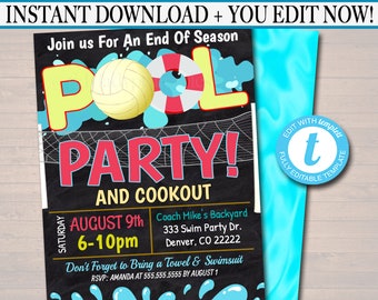 May include: Editable pool party invitation template with a chalkboard background. The text reads "Join us for an end of season pool party! And cookout. Saturday, August 9th, 6-10pm. Coach Mike's Backyard, 333 Swim Party Dr., Denver, CO 22222. Don't forget to bring a towel and swimsuit. RSVP: Amanda at 555.555.5555 by August 1."