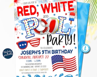 May include: Red, white, and blue pool party invitation with a red, white, and blue pool float, a red, white, and blue ice cream cone, and a red, white, and blue pair of sunglasses. The invitation is for Joseph's 9th birthday on Sunday, August 22nd from 1:00 PM to 6:00 PM at the Andrews Residence. The invitation also includes a red, white, and blue American flag.