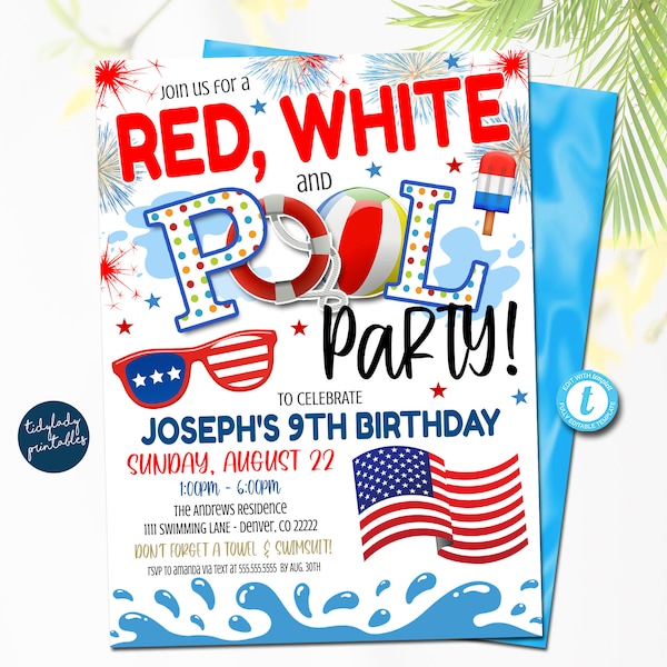 Invitación a la fiesta en la piscina del 4 de julio: rojo, blanco y azul (plantilla editable)