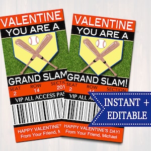 BEWERKBARE honkbal Ticket Valentijnsdag kaarten, INSTANT DOWNLOAD, afdrukbare sport Valentine, Boy Classroom Valentine, je bent een Grand Slam