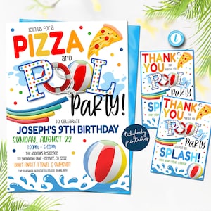 Pizza en zwembadfeest uitnodigen en dank u gunst tag set, afdrukbaar einde van of terug naar schoolfeest, zomer kinderverjaardag, BEWERKBARE SJABLOON