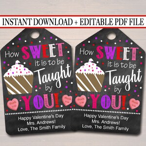 Teacher Valentine&#39;s Day Favor Tags, Appreciation Labels Printable INSTANT + EDITABLE Thank You Gift, Candy Donut Cookie Cake Treat Tag