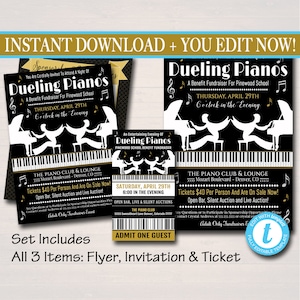 May include: A black and gold printable flyer, invitation, and ticket for a Dueling Pianos fundraiser for Pinewood School. The flyer features a silhouette of two pianists playing pianos. The text on the flyer reads "Dueling Pianos, A Benefit Fundraiser for Pinewood School, Thursday, April 29th, 6 o'clock in the Evening". The invitation and ticket are also black and gold and feature the text "Dueling Pianos, Pinewood School Benefit Fundraiser, Saturday, April 29th, 6:00 in the Evening".