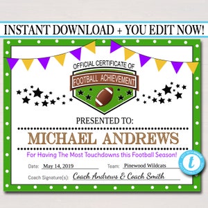 EDITABLE Football Award Certificates, INSTANT DOWNLOAD, Team Football Awards, Football Party Printable, Printable Award Sports Certificates