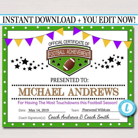 editable football award certificates instant download team printable award certificates