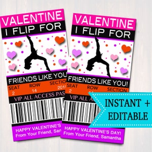 Tarjetas de San Valentín con entradas de gimnasia EDITABLES, DESCARGA INSTANTE, San Valentín para niños imprimibles, San Valentín en el aula para niñas, Volteo para amigos