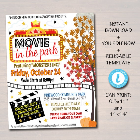 EDITABLE Movie Night Flyer, Printable PTA PTO Flyer, School Church Benefit Fundraiser Outdoor Movies in the Park Poster Printable Invitation Il_570xn