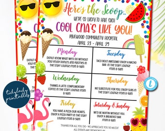 CNA Appreciation Week Itinerary Template, Summer Tropical Beach Ice Cream Popsicle Theme Medical Staff Week Weekly Schedule Events, EDITABLE