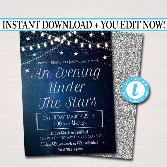 EDITABLE Prom Dance Invitation. Starry Night, Silver Glitter An Evening ...