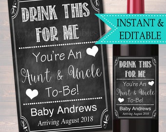 Drink This For Me You're An Aunt & Uncle To Be, Digital Wine Label Pregnancy Announcement New Aunt Gift, Couple's Friends Baby Surprise Gift