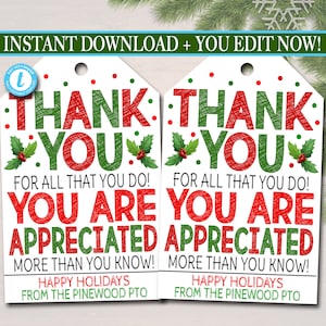 Christmas Thank You Gift Tags, Teacher Staff Employee Nurse Volunteer Staff, Holiday Appreciation Gift, School pto pta, Editable Template