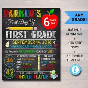 Back to School Sign, First Day of School Chalkboard Poster Personalized School Chalkboard Sign, Any Grade Sign, 1st Day of School, Editable