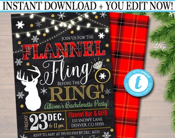 May include: A printable invitation for a hen party with a winter theme. The invitation features a red and black tartan pattern, a white silhouette of a deer, and the text "Flannel Fling Before the Ring!" in gold and white lettering. The invitation also includes the date, time, and location of the party.