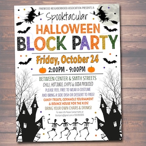 Op de afbeelding: Een kleurrijke Halloween-buurtfeestuitnodiging met een zwart silhouet van een spookhuis, dansende skeletten en vliegende vleermuizen. De tekst luidt "Spooktacular Halloween Block Party" met datum en tijd "Vrijdag 24 oktober, 14:00 - 21:00 uur".