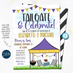 May include: Purple and gold engagement party invitation with a cartoon illustration of a tailgate party. The invitation reads "Tailgate & Celebrate!" and includes the names "Elizabeth & Michael".