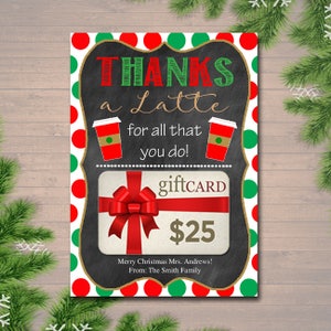 EDITABLE Coffee Card Holder, Thanks a Latte Holiday Gift Card Holder, Printable Stocking Stuffer, Holiday Teacher Gifts, INSTANT DOWNLOAD image 1