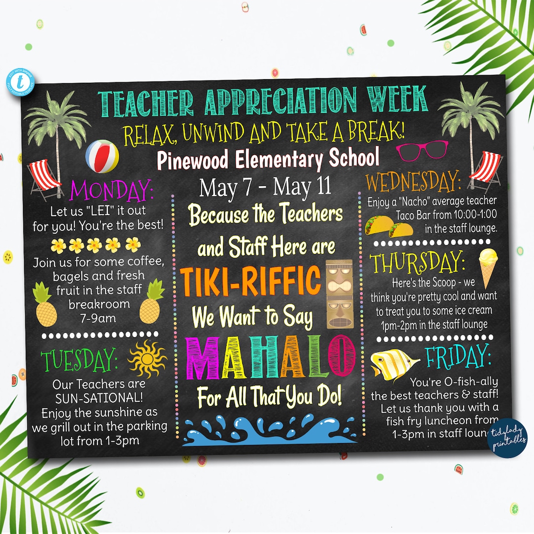 EDITABLE Beach Themed Teacher Appreciation Week Itinerary Poster Hawaiian Theme Appreciation