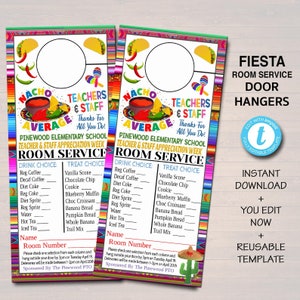 Fiesta Room Service Türhänger, SOFORTIGER DOWNLOAD, Lehrer und Mitarbeiter Anerkennung Idee, druckbare bearbeitbare Danke Tags, Schule Pto Pta