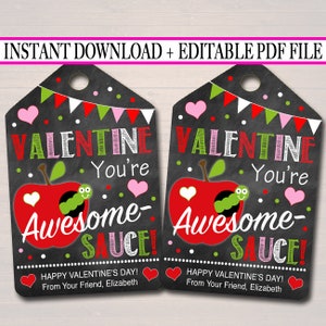 EDITABLE Apple Sauce Valentine&#39;s Day Gift Tags, Kids Friend Classroom Fruit Printable, Valentine You&#39;re Awesome Sauce Label INSTANT DOWNLOAD