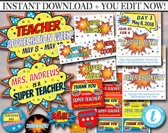 Superhero Teacher Appreciation Decor: Editable Printables (Digital Files)