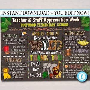 EDITABLE Jungle Themed Teacher Appreciation Week Itinerary Poster Zoo Theme Appreciation Week Schedule Events INSTANT DOWNLOAD Printable
