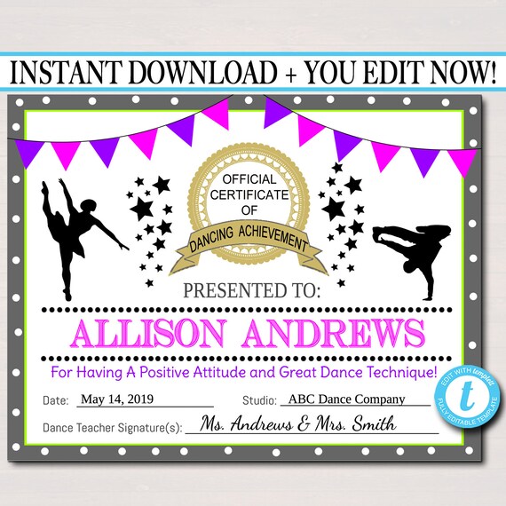 EDITABLE Dancer Certificate INSTANT DOWNLOAD Dancing Award Dancer EDITABLE Dancer Certificate INSTANT DOWNLOAD Dancing Award Dancer