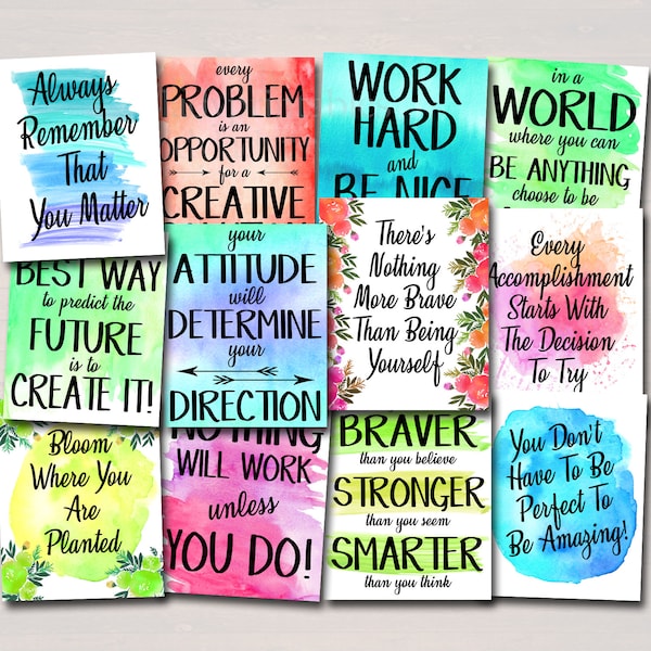 SET OF 12 Inspirational Watercolor Printable Posters, School Counselor Teacher Social Worker Classroom, Office Decor Kindness You Matter Art