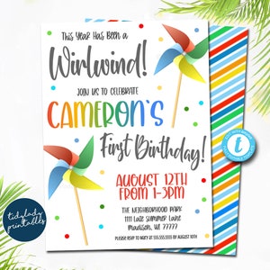 Pinwheel Birthday Party Printable Invitation, Kids Primary Toy Invite, Summer Birthday Party, Kids Simple Park Party, EDITABLE TEMPLATE