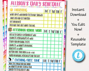 May include: A colorful printable daily schedule template for kids. The template is divided into three sections: Morning, Afternoon/School Work, and Evening/Free Time. Each section has a checklist of activities with a grid for checking off days of the week. The template is designed to help kids stay organized and on track with their daily routines.