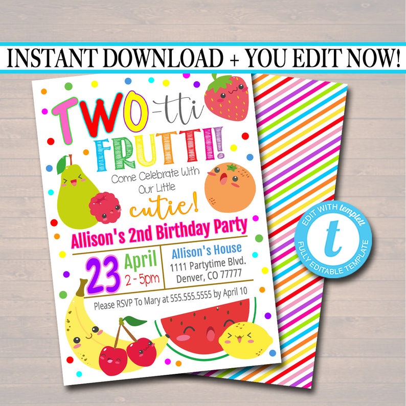 Editable Two Tti Frutti Party Birthday Invitation Girls Etsy