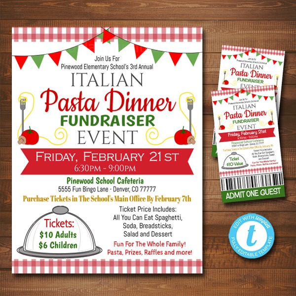 EDITABLE Spaghetti Dinner Fundraiser Flyer Ticket Set, pto pta, Church Community School Benefit Event, Italian Pasta Dinner INSTANT DOWNLOAD