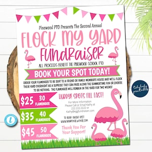 May include: Pink and green flyer with the text "Flock My Yard Fundraiser" and pink flamingos. The flyer advertises a fundraiser for the Pinewood School PTO. The flyer includes pricing for 30, 40, and 50 flamingos.