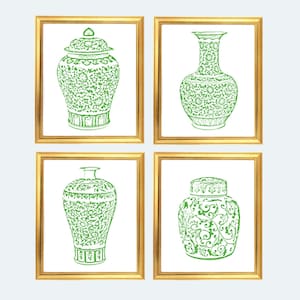 Green Ginger Jar Digital Art Prints, INSTANT DOWNLOAD, Green and White Chinoiserie Vases Set of 4